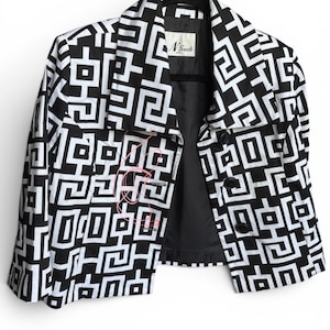 Upcycled Handprinted Geometric Vintage Retro Bold Graphic Blazer Jacket Petite Fit