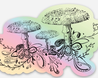 Rainbow Mushroom Holographic Sticker ~ Waterproof Vinyl Mushroom Decal ~ Psychedelic Nature Art
