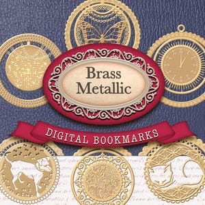 Puede incluir: Marcadores digitales con un acabado metálico de latón. Los marcadores presentan varios diseños, incluyendo una mariposa, un reloj, un perro, un patrón floral y un gato. El texto "Brass Metallic" y "Digital Bookmarks" se muestra en la imagen.