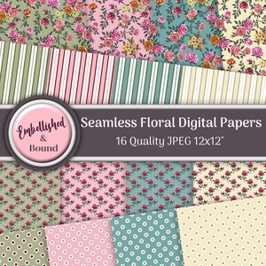 May include: A set of 16 digital papers featuring floral, stripe, and polka dot patterns in pink, green, blue, and cream. The papers are 12x12 inches and are perfect for scrapbooking, card making, and other crafting projects.