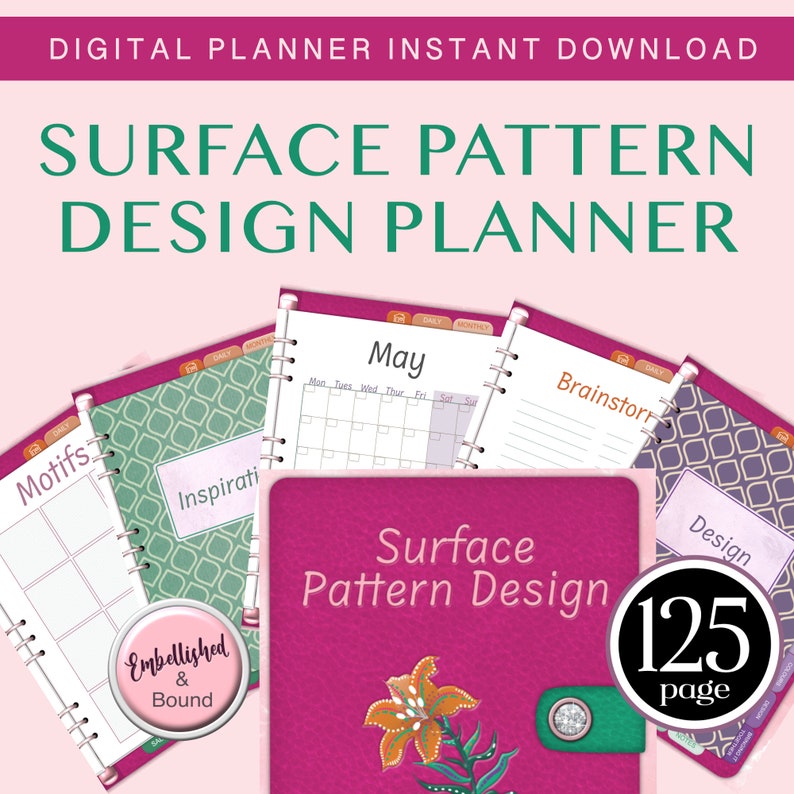 K&ouml;nnte beinhalten: Ein digitaler Planer f&uuml;r Oberfl&auml;chenmusterdesign mit einem rosa Cover, das ein florales Design und den Text "Surface Pattern Design 125 page" zeigt. Der Planer enth&auml;lt Abschnitte f&uuml;r Motive, Inspiration, Brainstorming und Design.