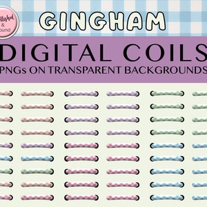 May include: A set of 36 digital gingham coil PNGs on transparent backgrounds. The coils are in various colors, including pink, blue, green, and purple. The gingham pattern is a classic checkered design.