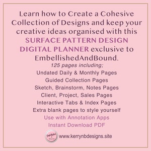 K&ouml;nnte beinhalten: Ein rosa-wei&szlig;er digitaler Planer f&uuml;r Oberfl&auml;chenmusterdesign mit dem Titel "Surface Pattern Design Digital Planner" und dem Text "EmbellishedAndBound. 125 Seiten inklusive: Undatierte Tages- und Monatsseiten Gef&uuml;hrte Sammlungsseiten Skizzen-, Brainstorming-, Notizseiten Kunden-, Projekt-, Verkaufsseiten Interaktive Registerkarten und Indexseiten Zus&auml;tzliche leere Seiten zum individuellen Gestalten Verwendung mit Anmerkungs-Apps Sofortiger Download PDF www.kerrynbdesigns.site"