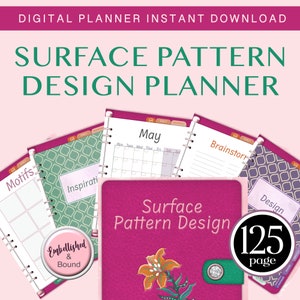 Op de afbeelding: Een digitale planner voor oppervlaktepatroonontwerp met een roze omslag met een bloemenontwerp en de tekst "Surface Pattern Design". De planner bevat 125 pagina's en secties voor motieven, inspiratie, brainstormen en ontwerp.