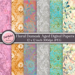 Papéis digitais vintage envelhecidos, florais, damasco, 12 polegadas, diário, scrapbooking, fundos, textura rosa, pergaminhos aquáticos, efeitos dourados e prateados