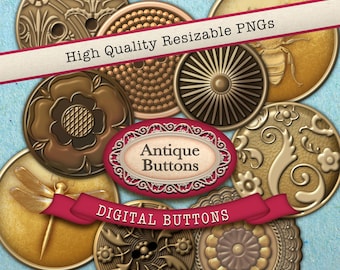May include: Set of ten antique-style digital buttons with various designs, including a dragonfly, a flower, and a bee. The buttons are gold and brown with intricate details. High Quality Resizable PNGs. Digital Buttons. Antique Buttons.