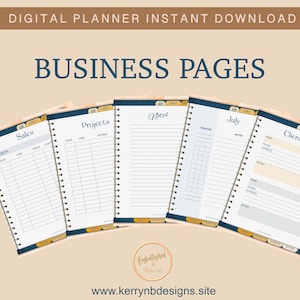 K&ouml;nnte beinhalten: Ein digitaler Planer mit Seiten f&uuml;r Verk&auml;ufe, Projekte, Notizen, einen Monatskalender und Kundeninformationen. Die Seiten sind in einem blauen und goldenen Farbschema gestaltet und haben eine schlichte, moderne &Auml;sthetik.