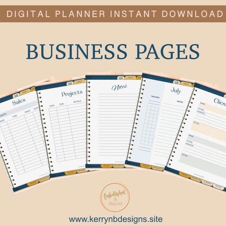 K&ouml;nnte beinhalten: Ein digitaler Planer mit Seiten f&uuml;r Verk&auml;ufe, Projekte, Notizen, einen Monatskalender und Kundeninformationen. Die Seiten sind in einem blauen und goldenen Farbschema gestaltet und haben eine schlichte, moderne &Auml;sthetik.