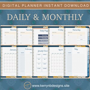 K&ouml;nnte beinhalten: Ein digitaler Planer mit blauem und goldenem Design. Der Planer enth&auml;lt t&auml;gliche, w&ouml;chentliche und monatliche Seiten sowie eine j&auml;hrliche &Uuml;bersicht. Der Planer steht zum sofortigen Download bereit.