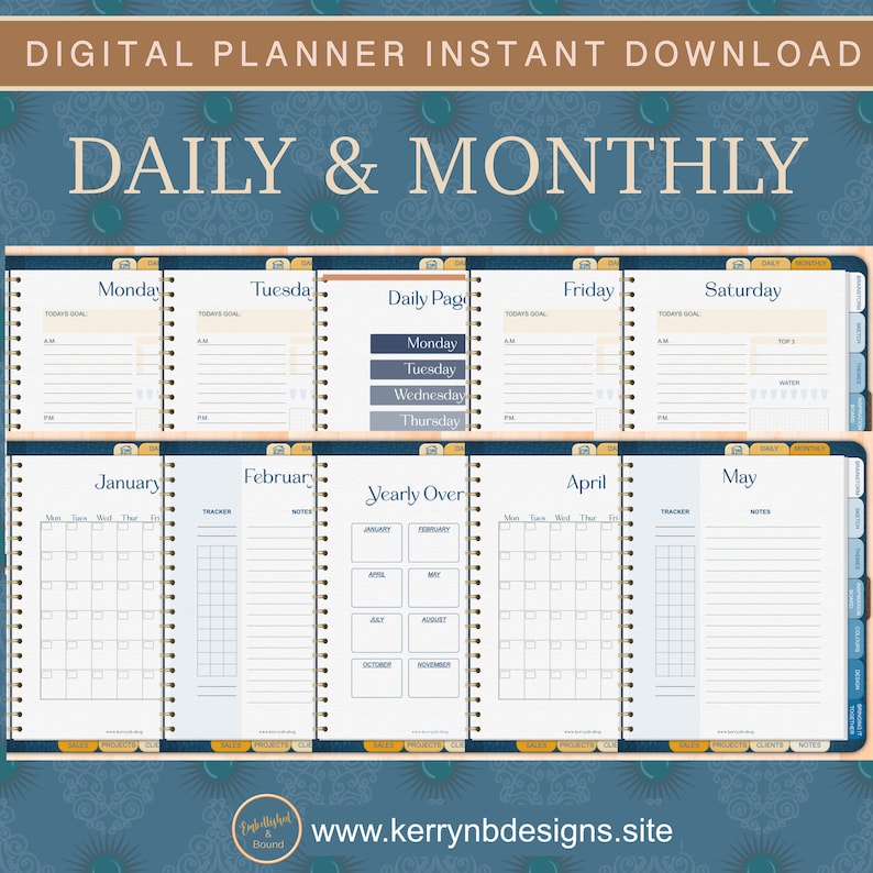 K&ouml;nnte beinhalten: Ein digitaler Planer mit blauem und goldenem Design. Der Planer enth&auml;lt t&auml;gliche, w&ouml;chentliche und monatliche Seiten sowie eine j&auml;hrliche &Uuml;bersicht. Der Planer steht zum sofortigen Download bereit.