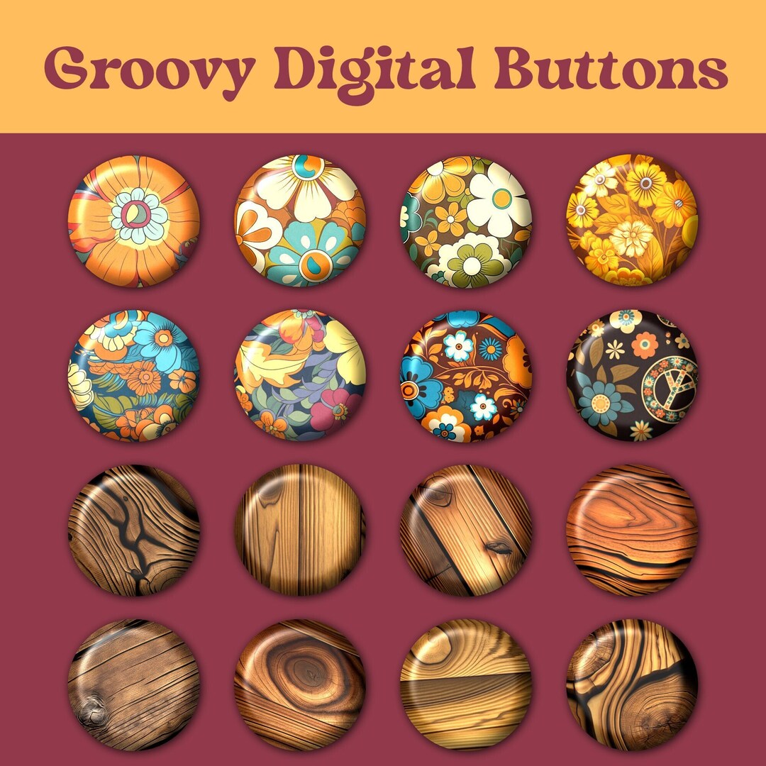 Planner Buttons Groovy Floral & Wood Digital Buttons: Planner Clipart (PNG Download) - Etsy