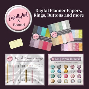 K&ouml;nnte beinhalten: Digitale Planerpapiere, Ringe und Kn&ouml;pfe in verschiedenen Farben und Stilen. Die Papiere sind 12x12 Zoll gro&szlig; und die Ringe und Kn&ouml;pfe befinden sich in einem PNG-Paket. Der Text "Embellished & Bound" befindet sich auf dem Bild.