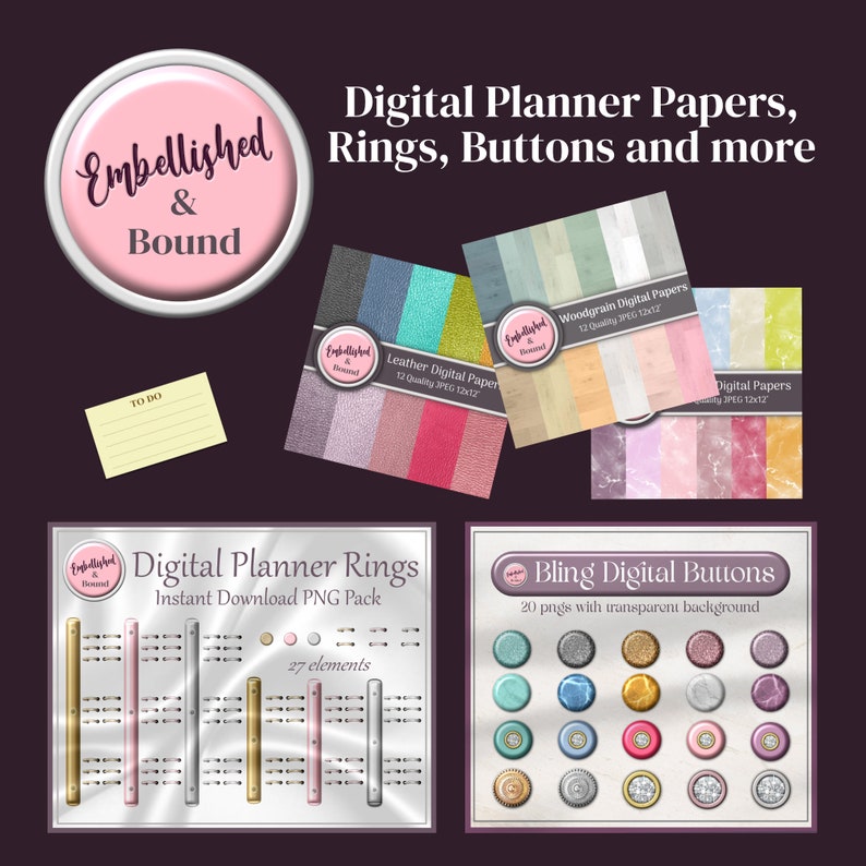 K&ouml;nnte beinhalten: Digitale Planerpapiere, Ringe und Kn&ouml;pfe in verschiedenen Farben und Stilen. Die Papiere sind 12x12 Zoll gro&szlig; und die Ringe und Kn&ouml;pfe befinden sich in einem PNG-Paket. Der Text "Embellished & Bound" befindet sich auf dem Bild.