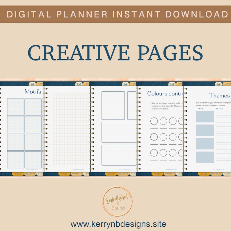 K&ouml;nnte beinhalten: Eine digitale Planerseite mit drei Abschnitten: Motive, Farben fortgesetzt und Themen. Der Abschnitt Motive enth&auml;lt ein Raster mit neun Quadraten. Der Abschnitt Farben fortgesetzt enth&auml;lt ein Raster mit neun Kreisen. Der Abschnitt Themen enth&auml;lt eine Tabelle mit zwei Spalten: Thema und Notizen.