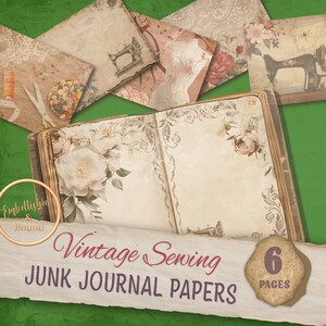 Può includere: Fogli di diario vintage a tema cucito con 6 pagine. I fogli presentano disegni floreali, macchine da cucire e un'estetica vintage.
