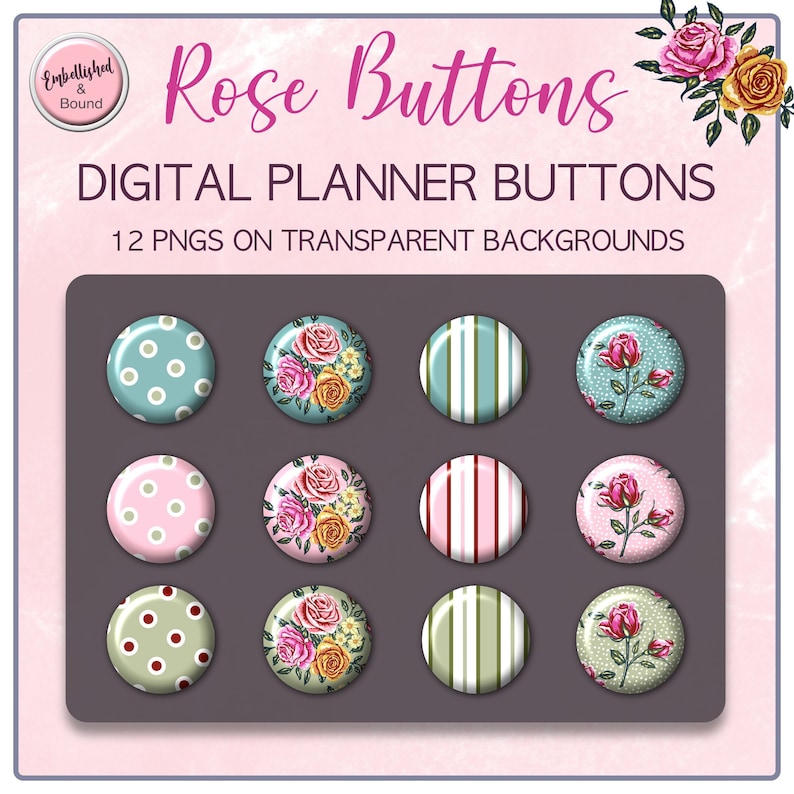 Planner Buttons Rose Digital Planner Buttons: Floral Clipart PNG Set (digital Download ...