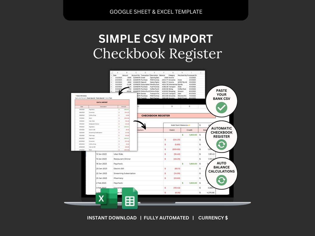 Digital Checkbook Register With CSV Data Import From Bank Statement - Etsy