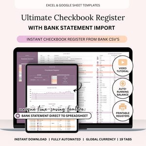 Ultimate Checkbook Register for Excel & Google Sheets: with Bank Statement Import Feature (Instant Download)