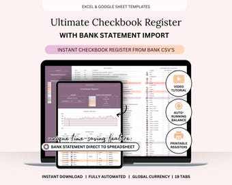 Ultimate Checkbook Register for Excel & Google Sheets: with Bank Statement Import Feature (Instant Download)