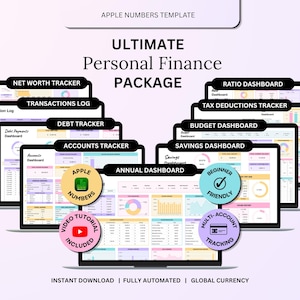 May include: An Apple Numbers template for personal finance featuring multiple digital dashboards and trackers including Net Worth, Transactions, Debt, Accounts, Savings, Tax Deductions, and Annual summaries, with circular badges for video tutorials.