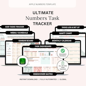 May include: An image showcasing a digital task tracker template for Apple Numbers. The design includes various sections like sub-tasks, weekly schedules, Kanban boards, and task dashboards. The text includes "Ultimate Numbers Task Tracker", "Beginner Friendly", and "All-in-one Task Tracker".