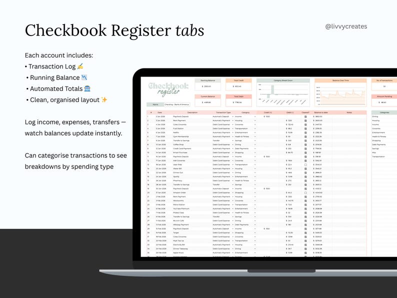 Register Tracker Tracker Digital Checkbook Register for Google Sheets: Bank Account Tracker ...
