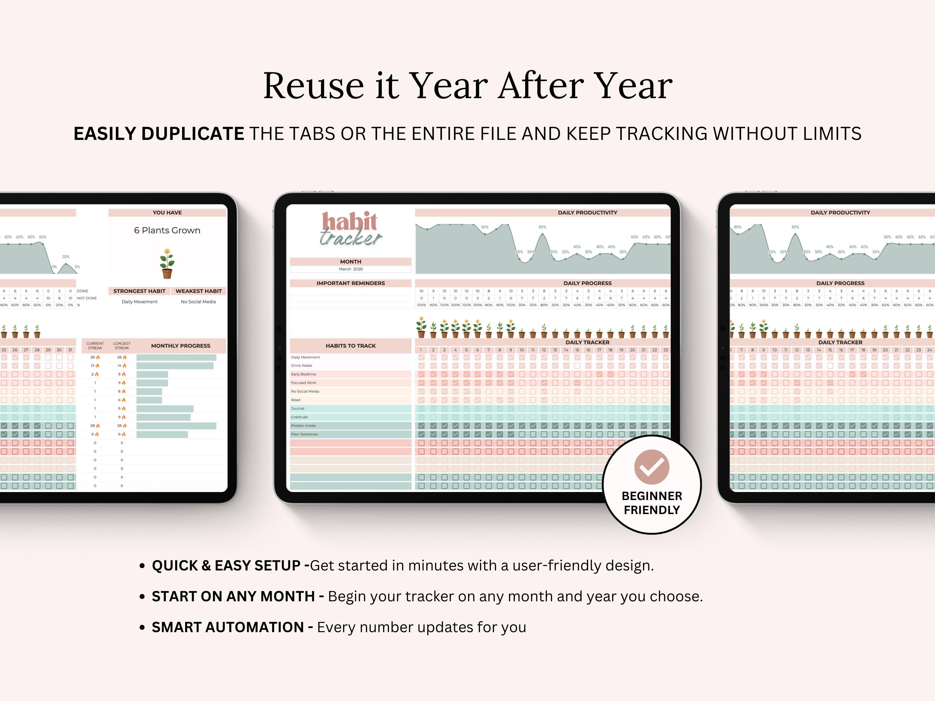 Plant Progress Habit Tracker Google Sheets & Excel, Monthly Streak ...