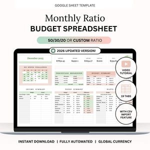 Monthly Budget Planner Google Sheets: 50/30/20 Budget Template (Digital Download)