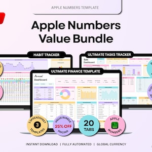 Puede incluir: Conjunto de plantillas digitales Apple Numbers Value Bundle que incluye rastreador de hábitos, rastreador de tareas y plantilla de finanzas. Incluye 3 plantillas, 20 pestañas y funciones automatizadas. Texto incluye "NEW", "Apple Numbers Value Bundle" y "25% OFF".