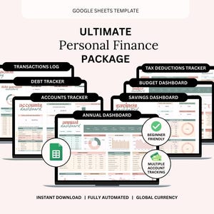 Op de afbeelding: Afbeelding van een digitaal persoonlijk financieel pakket met dashboards voor transacties, schulden, rekeningen en besparingen. Het pakket is volledig geautomatiseerd, beginnersvriendelijk en ondersteunt het volgen van meerdere accounts. Tekst: "Ultimate Personal Finance Package."