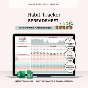 Plant Progress Habit Tracker Google Sheets & Excel, Monthly Streak (Digital Download)