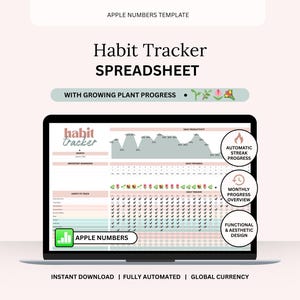 May include: A laptop displays a habit tracker spreadsheet. The screen shows a pink and green design with the text "Habit Tracker Spreadsheet" and "Apple Numbers." Features include automatic streak progress and monthly progress overview.
