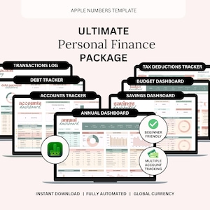 May include: An Apple Numbers template for personal finance, showcasing a package with multiple dashboards. The image displays a transactions log, debt tracker, accounts tracker, annual dashboard, tax deductions tracker, budget dashboard, and savings dashboard.