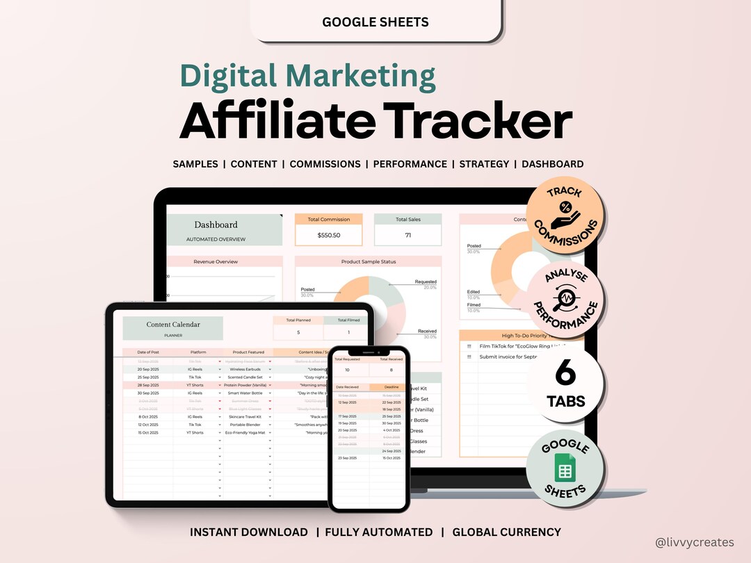 Affiliate Tracker Spreadsheet, Digital Marketing Content Planner, Tiktok Shop Spreadsheet ...