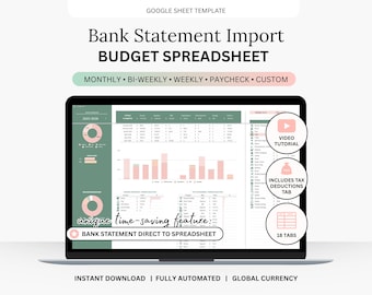 Google Sheets Budget Template | Bank Statement Import, Tax Tracker (Digital Download)
