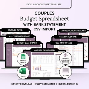Couples Budget Spreadsheet with CSV Bank Import for Excel & Google Sheets