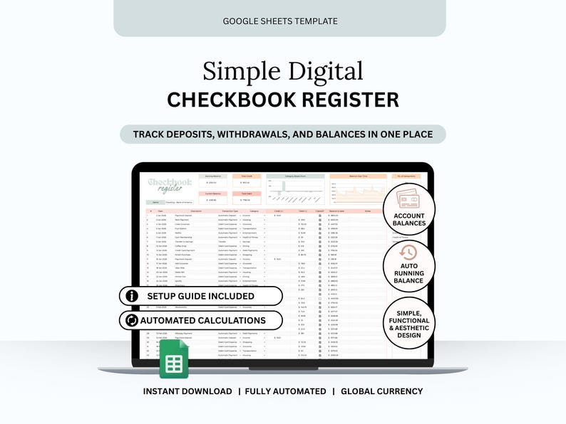 Digital Checkbook Register for Google Sheets: Bank Account Tracker ...