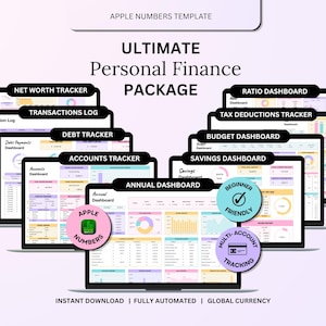 Op de afbeelding: Een Apple Numbers-sjabloon voor persoonlijke financiën met meerdere digitale dashboards en trackers, waaronder Net Worth, Transactions, Debt, Accounts, Annual, Ratio, Tax Deductions, Budget en Savings. Bevat labels voor Beginner Friendly en Multi-Account Tracking.