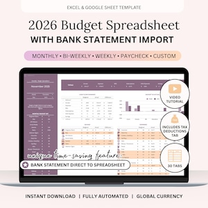 2026 Monatliches Budget für Excel & Google Sheets: Bankauszüge direkt einfügen
