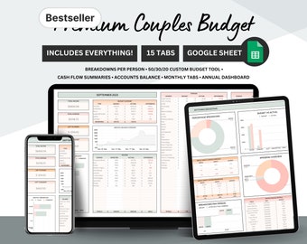 Couples Budget Google Sheet Spreadsheet Template with multiple bank accounts, Couples Monthly Annual Budget Spreadsheet, 50 30 20 budge
