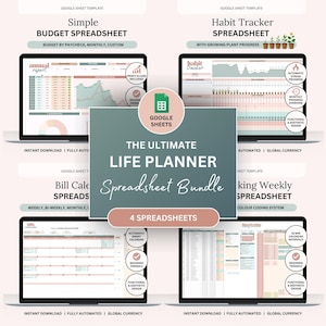 Könnte beinhalten: Ein digitales Bundle mit Google Sheets-Tabellen, darunter ein Budget, ein Habit Tracker, ein Rechnungsplaner und ein Wochenplaner. Die Tabellen werden auf Laptops angezeigt, mit dem Titel "The Ultimate Life Planner Spreadsheet Bundle" in der Mitte.