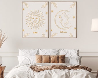 Sun And Moon PRINTABLE, Aesthetic Set of 2 Prints, Vintage Set Poster, Retro 70s Decor, Witchy Home Decor, Celestial Decor, Moon Goddess Art