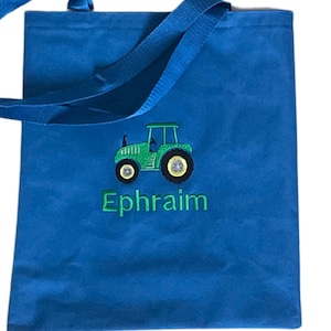 Sac fourre-tout personnalisé avec tracteur, sac de bibliothèque pour enfants en maternelle, cadeau garçon pour porteur d'anneau, sac fourre-tout pour transporter des livres à la maternelle