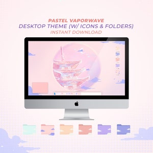 May include: A pastel pink and blue desktop theme with a Japanese pagoda illustration, clouds, and a moon. The theme includes icons and folders with a pastel color scheme.