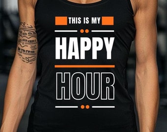 This Is My Happy Hour Women's Racerback Tank, Workout Tank Top for Her, Orange Fitness Activewear, Pilates Yoga Core Therapy Gym Clothes