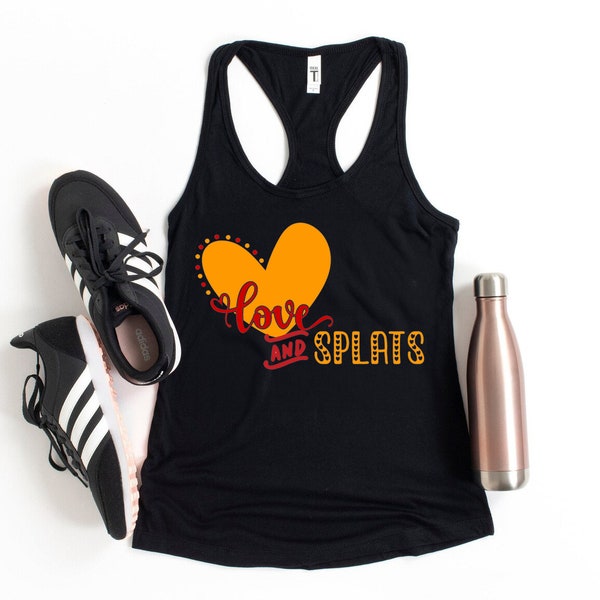 Love and Splats Racerback Workout Tank, Valentines Day Gym Clothes Orange Heart Fitness Tank Tops, Activewear Gift for Her, Slim Fit Apparel