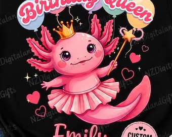 Personalized Axolotl Birthday Queen, Custom Name Birthday Girl Tee, Cute Pink Axolotl Party, Axolotl Lover Gift