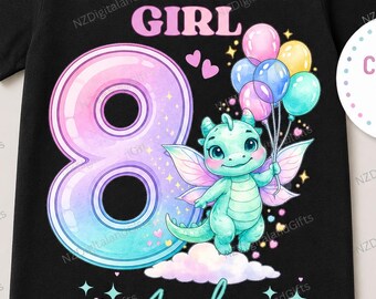Personalized Dragon Birthday Girl Shirt, Custom Name 8th Birthday Outfit, Cute Baby Dragon Birthday Party Shirt, Fantasy Birthday Girl
