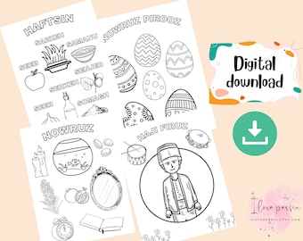 Desenhos para colorir do Nowruz, Tabela Haftsin, Ano Novo Persa (Download Digital)