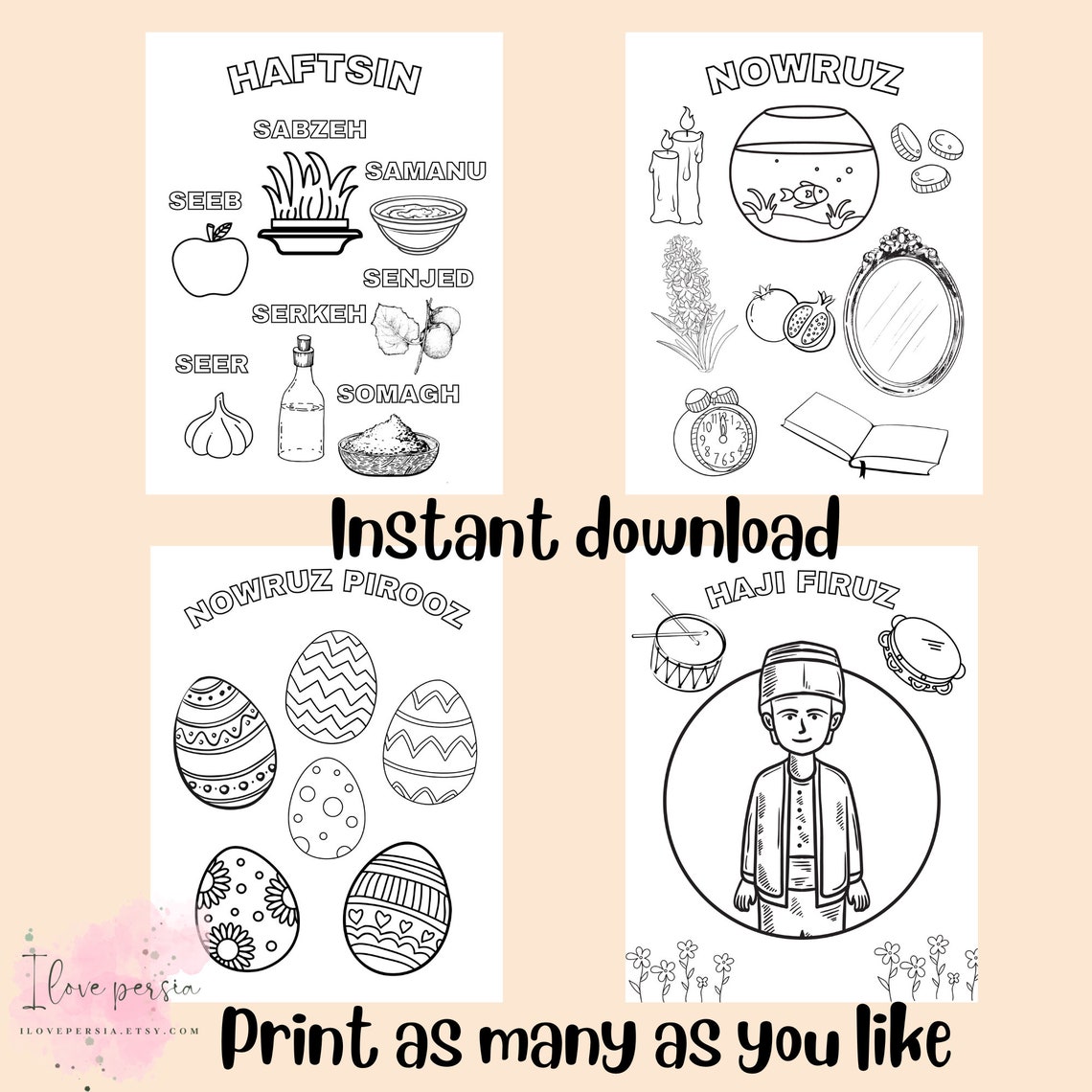 Nowruz Printable Coloring Sheets, Digital Haftsin, Nouruz Table, Eggs ...